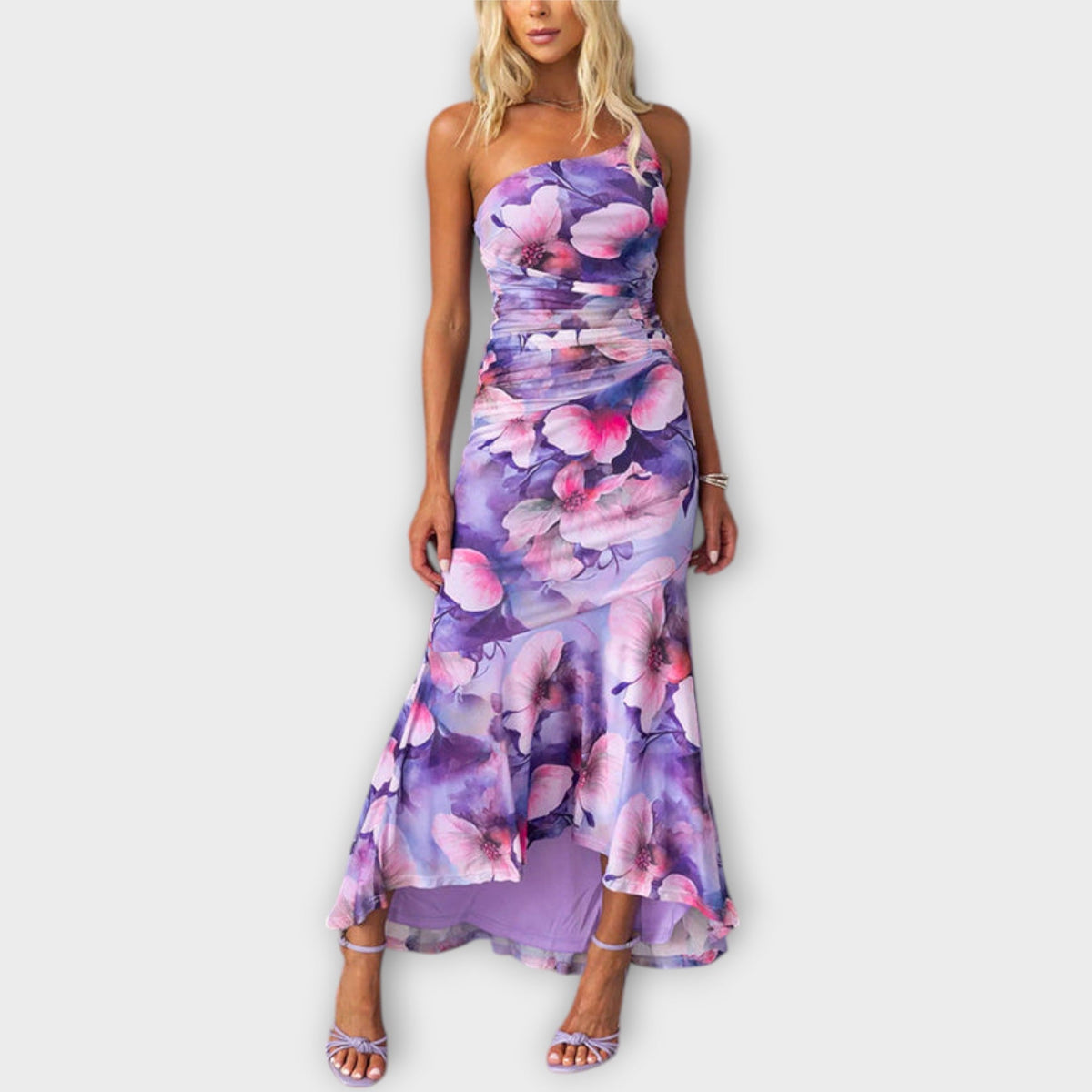 Pia - Robe Longue Violette à Motif Floral Froncée