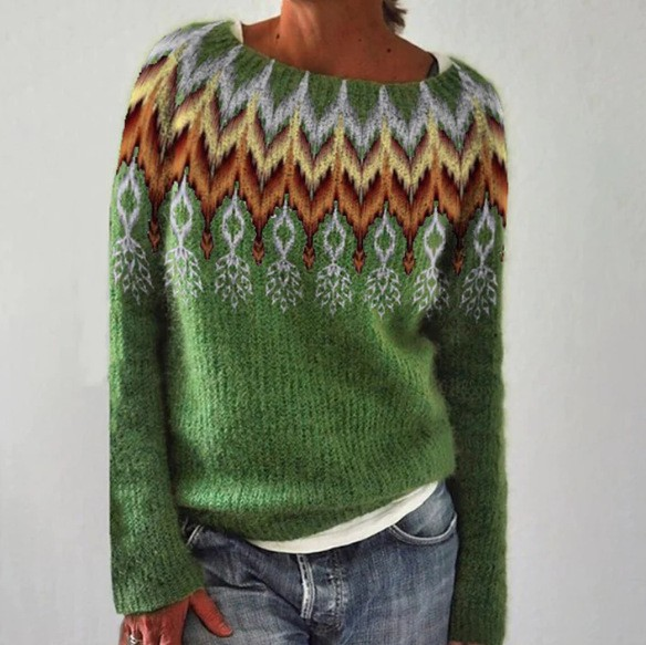 Katinka | Pull Rétro Bleu Pétrole à Motif Norvégien