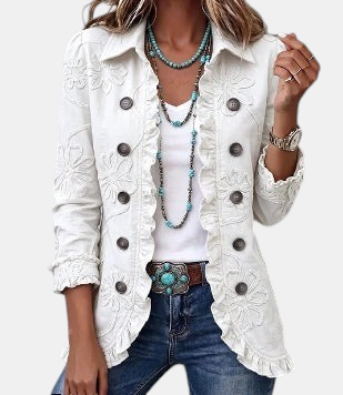 Camilla | Veste boho-chic ivoire brodée à finitions volantées