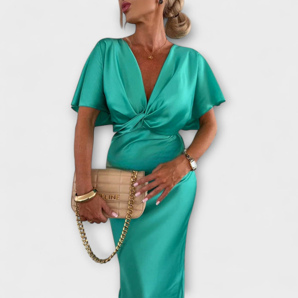 Sable - Robe Longue en Satin Noire à Détail Noué