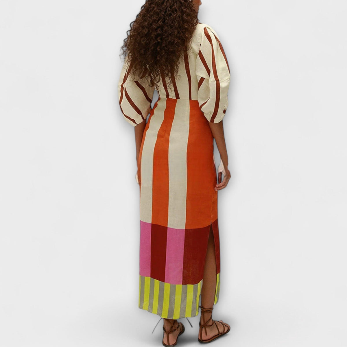 Kaya - Robe Longue Colorée Color-Block à Manches Bouffantes