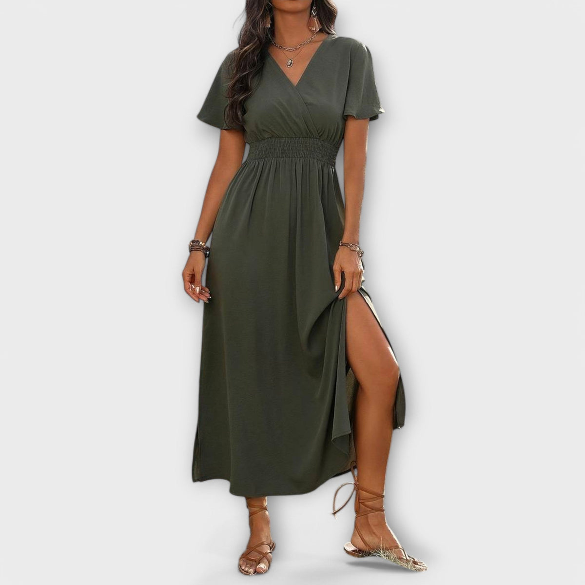 Heather - Robe Bohème Vert Olive à Fente