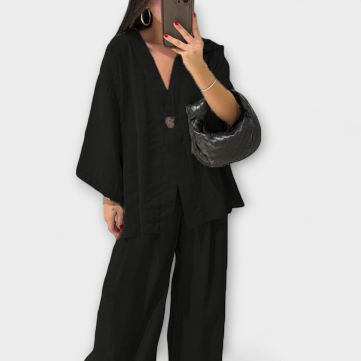 Jacqueline - Ensemble Marron avec Haut Col V et Pantalon