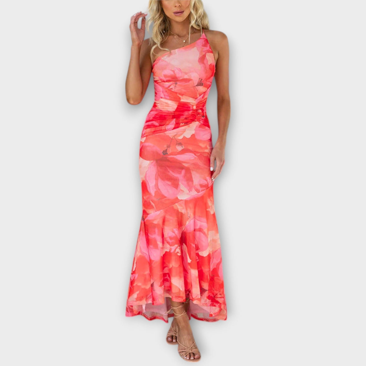 Pia - Robe Longue Violette à Motif Floral Froncée