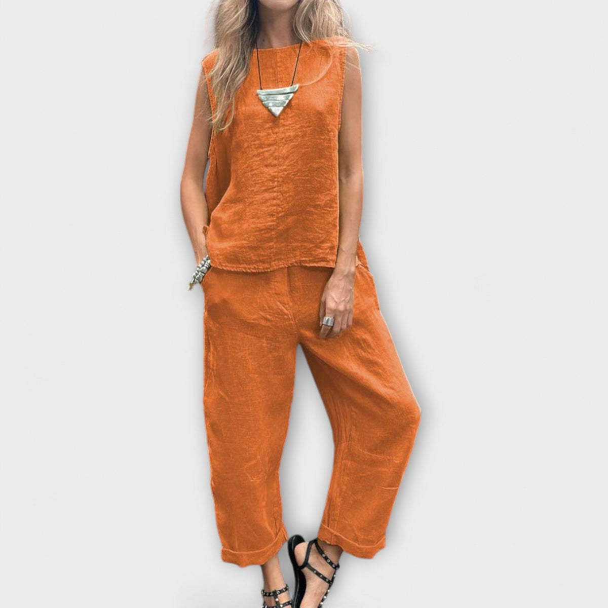 Jennifer - Ensemble en Lin Jaune avec Haut Sans Manches
