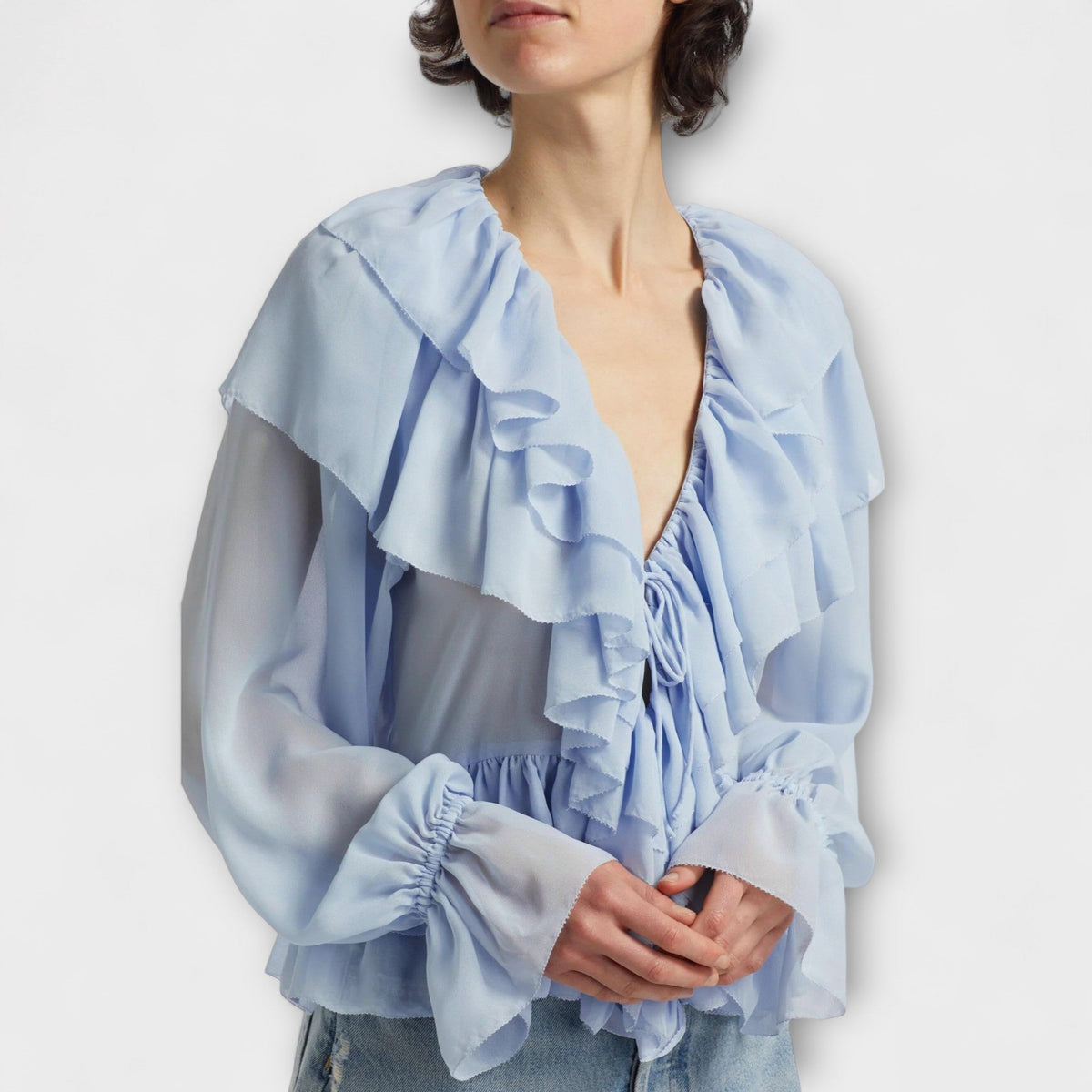 Martha - Chemise à Volants Bleu Clair à Rayures