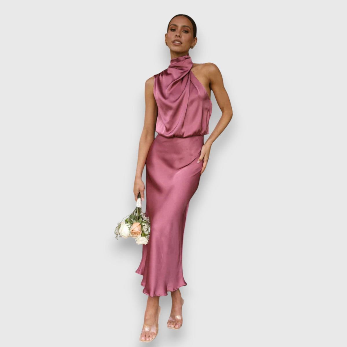 Zenaida - Robe en Satin Crème à Col Licou