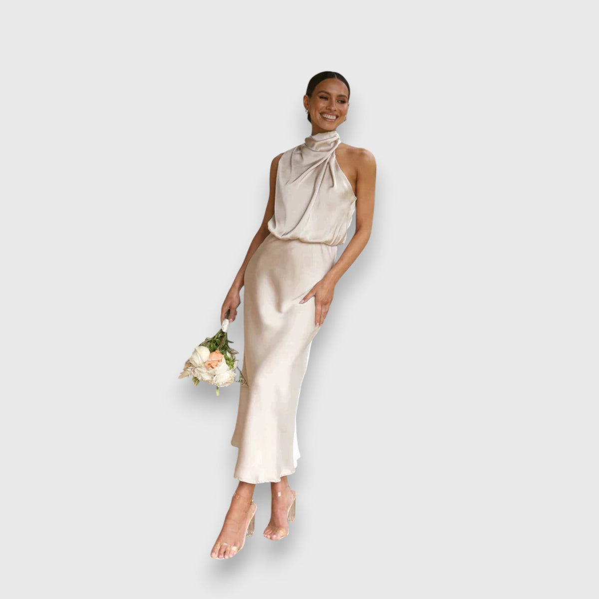 Zenaida - Robe en Satin Crème à Col Licou