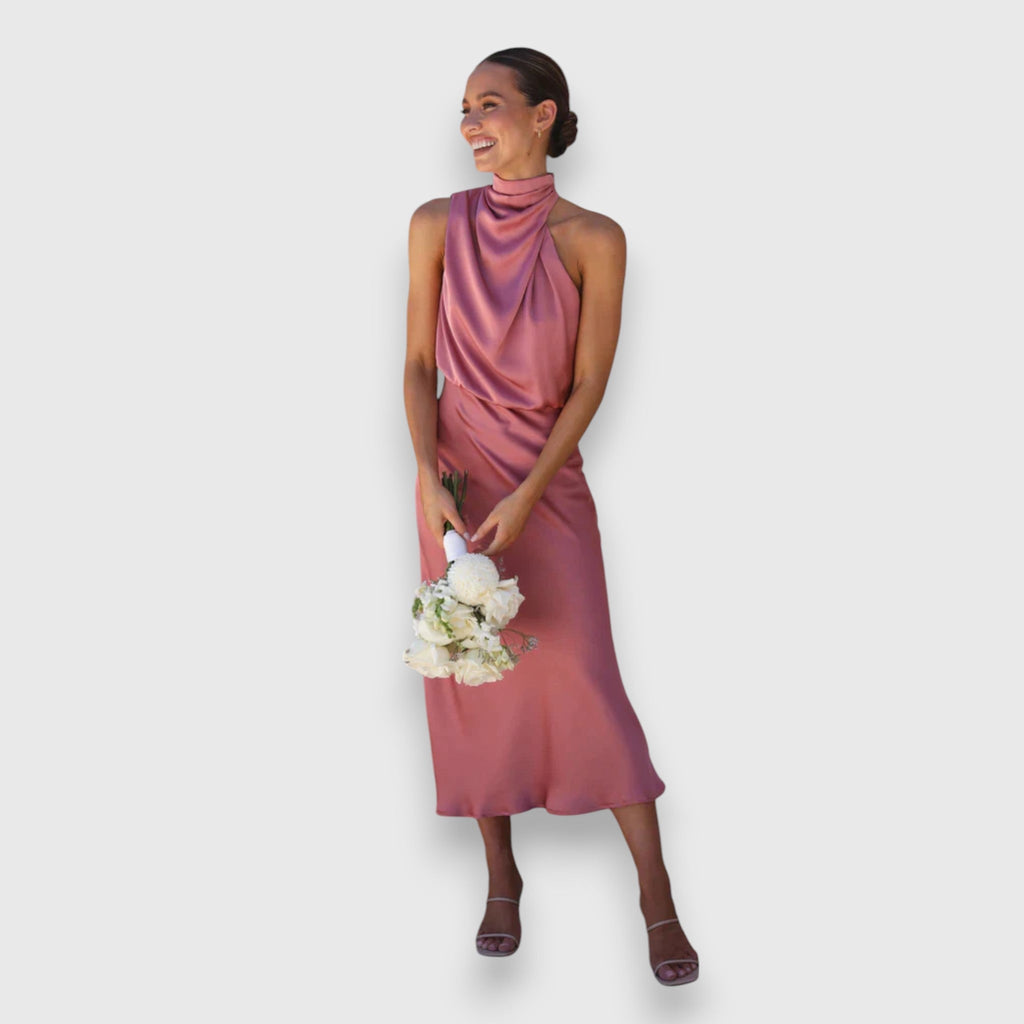 Zenaida - Robe en Satin Crème à Col Licou