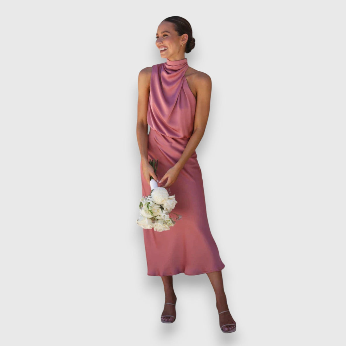 Zenaida - Robe en Satin Crème à Col Licou