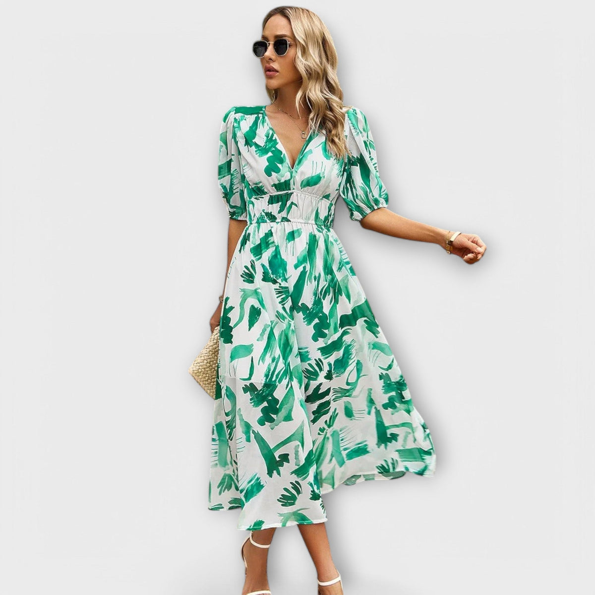 Mathilda - Robe Midi Bleue à Motif Floral