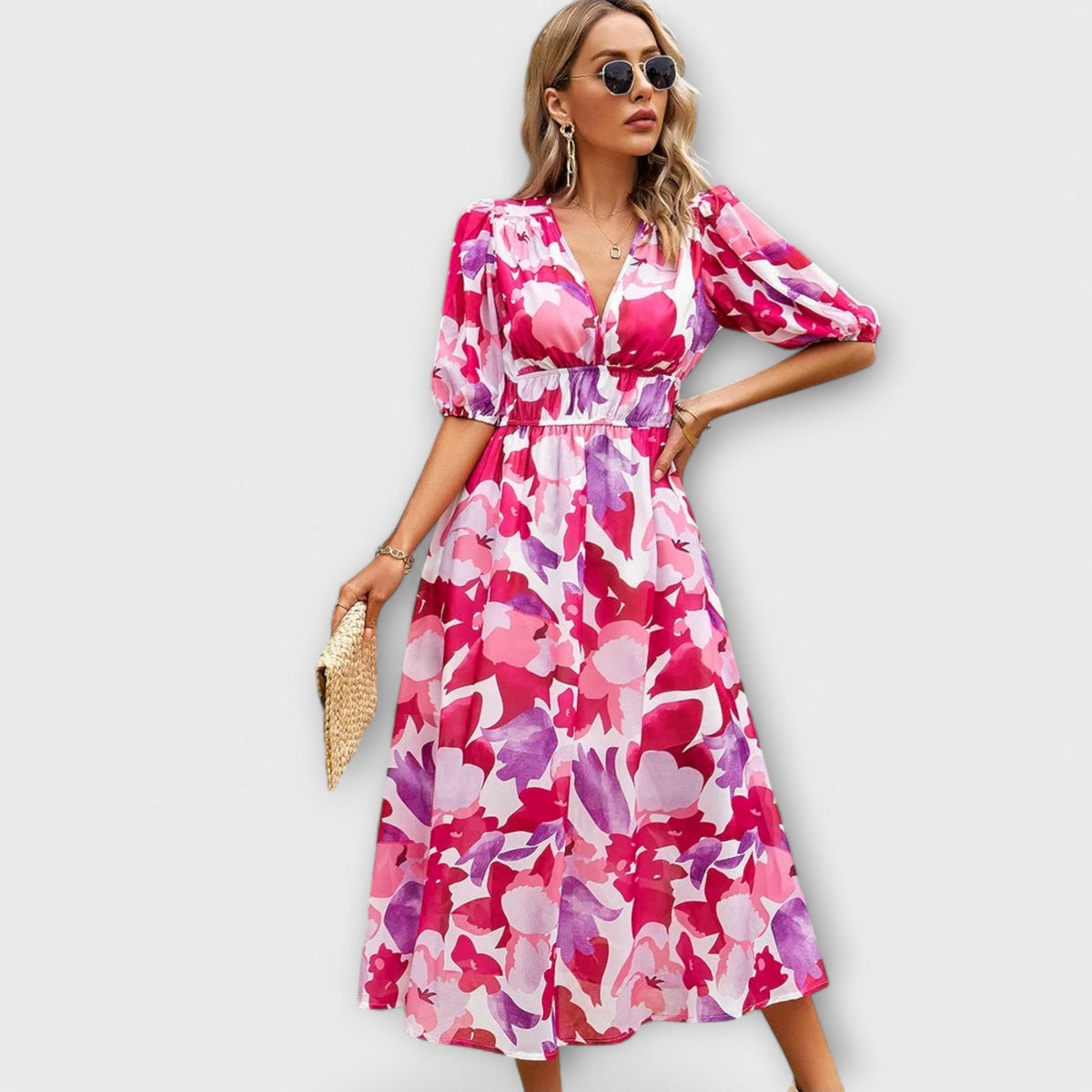 Mathilda - Robe Midi Bleue à Motif Floral