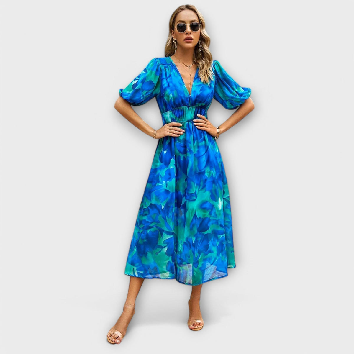 Mathilda - Robe Midi Bleue à Motif Floral