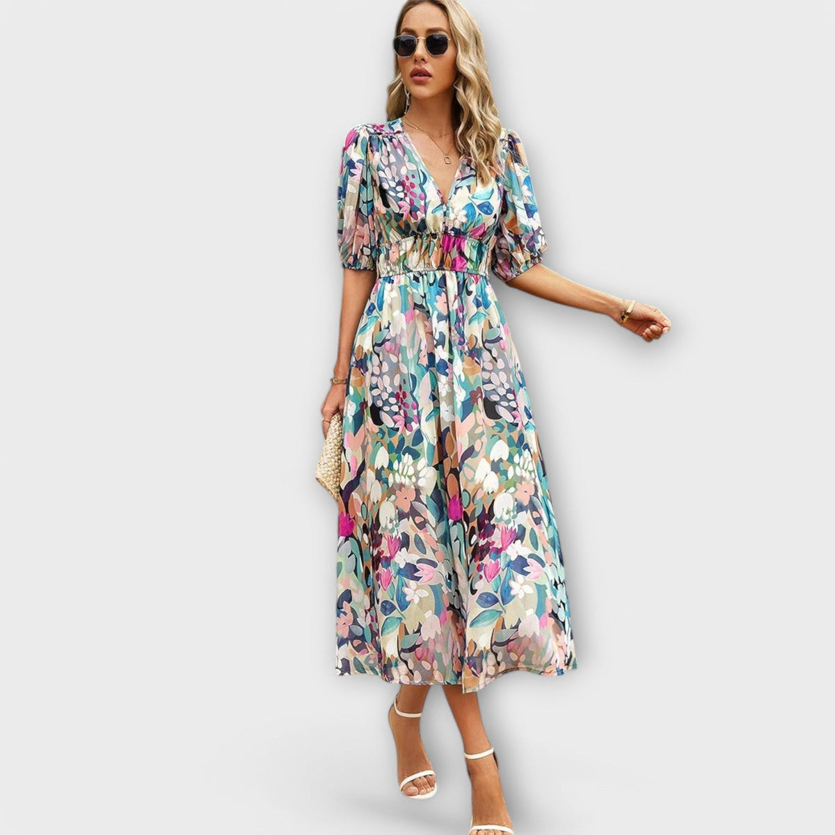 Mathilda - Robe Midi Bleue à Motif Floral