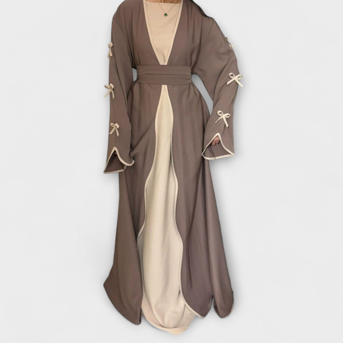 Jasmin - Duo Robe et Cardigan Beige à Nœud