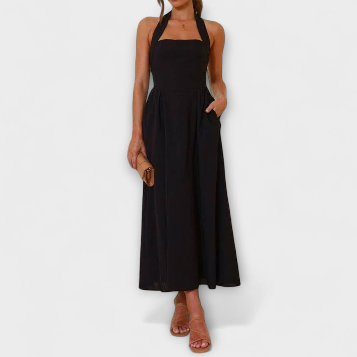 Lydia - Robe Mi-Longue Noire Dos-Nu à Détail Taille