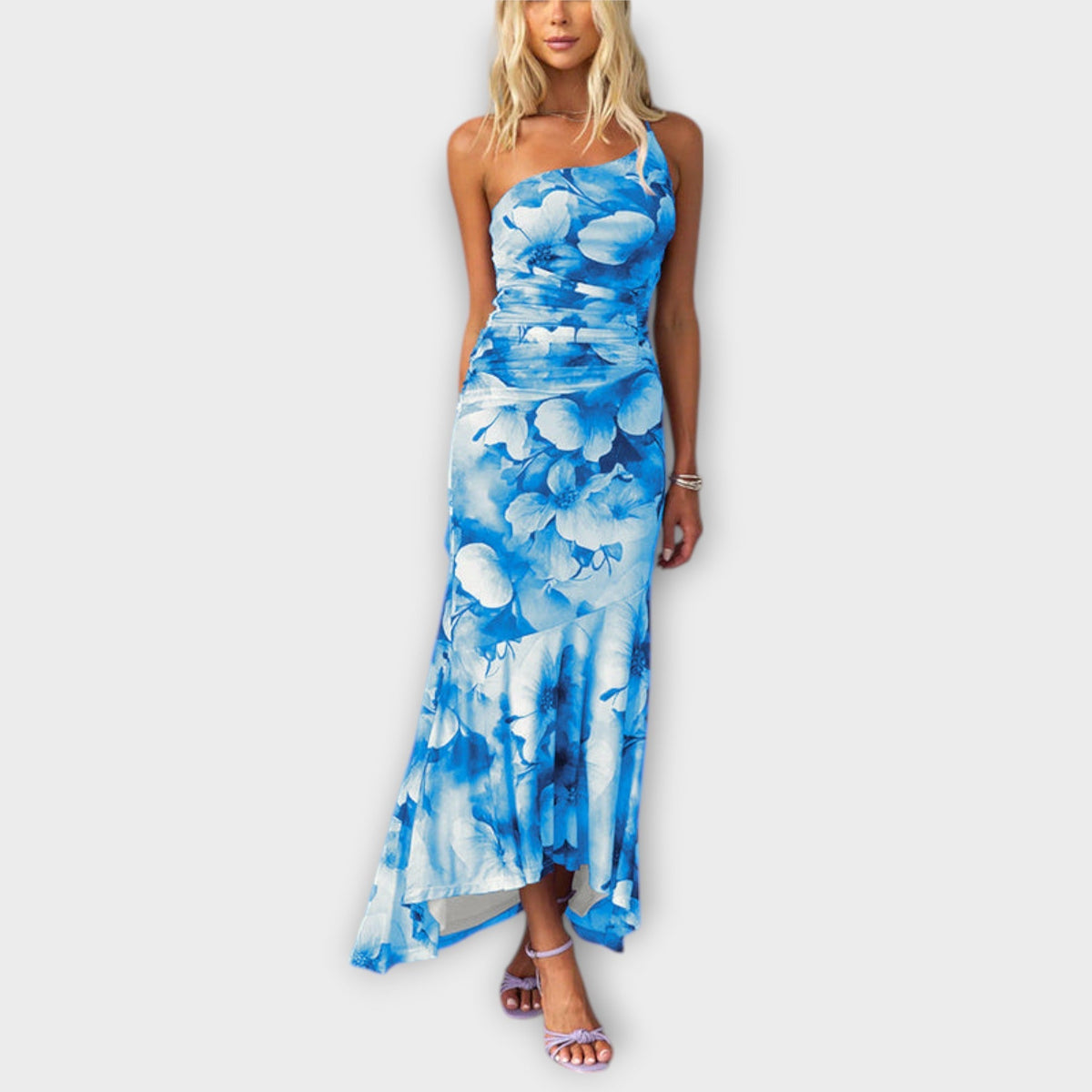 Pia - Robe Longue Violette à Motif Floral Froncée