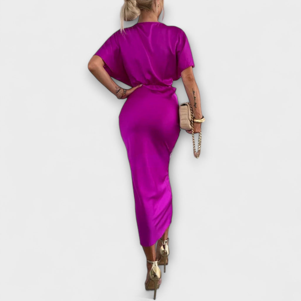 Sable - Robe Longue en Satin Noire à Détail Noué
