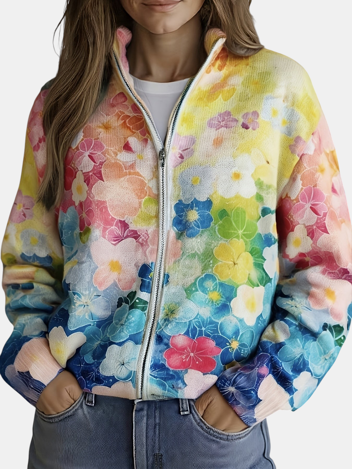 Inés | Cardigan en maille à motif floral aquarelle