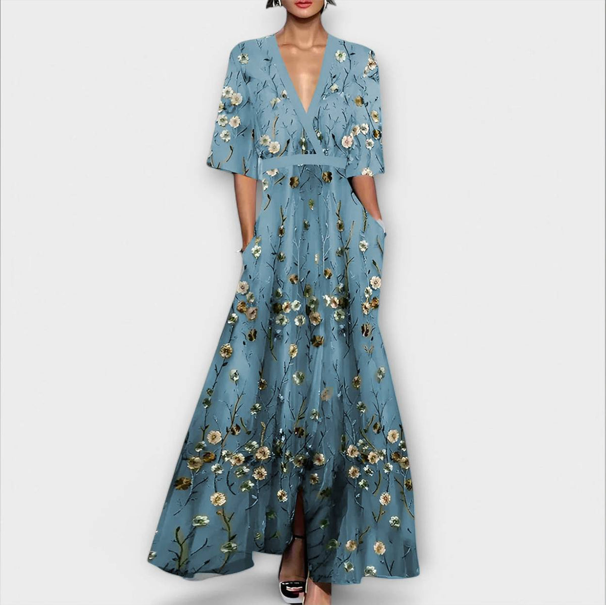 Jana - Robe Longue Bleu Clair à Motif Floral