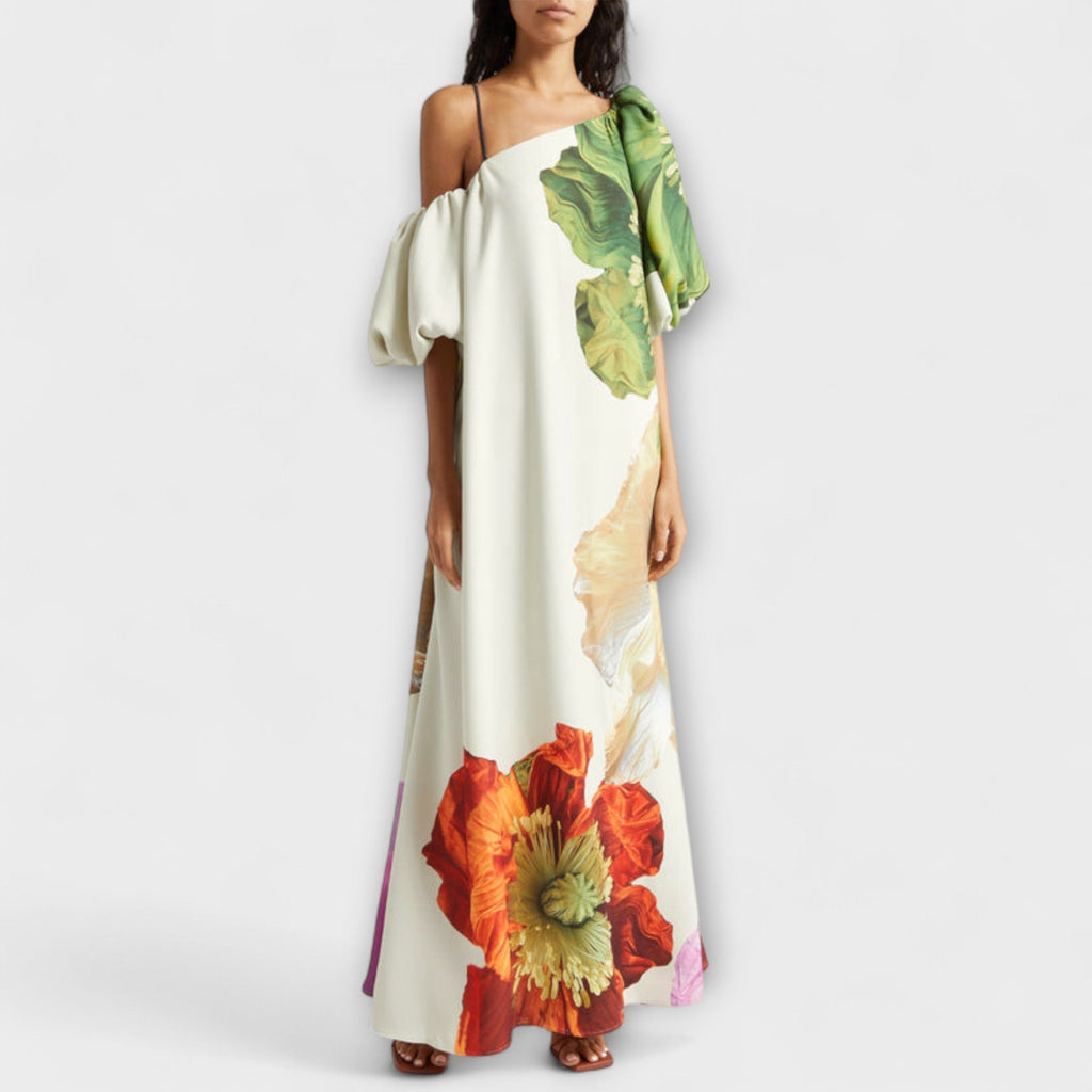 Melody - Robe Longue Blanche Épaules Dénudées à Motif Floral