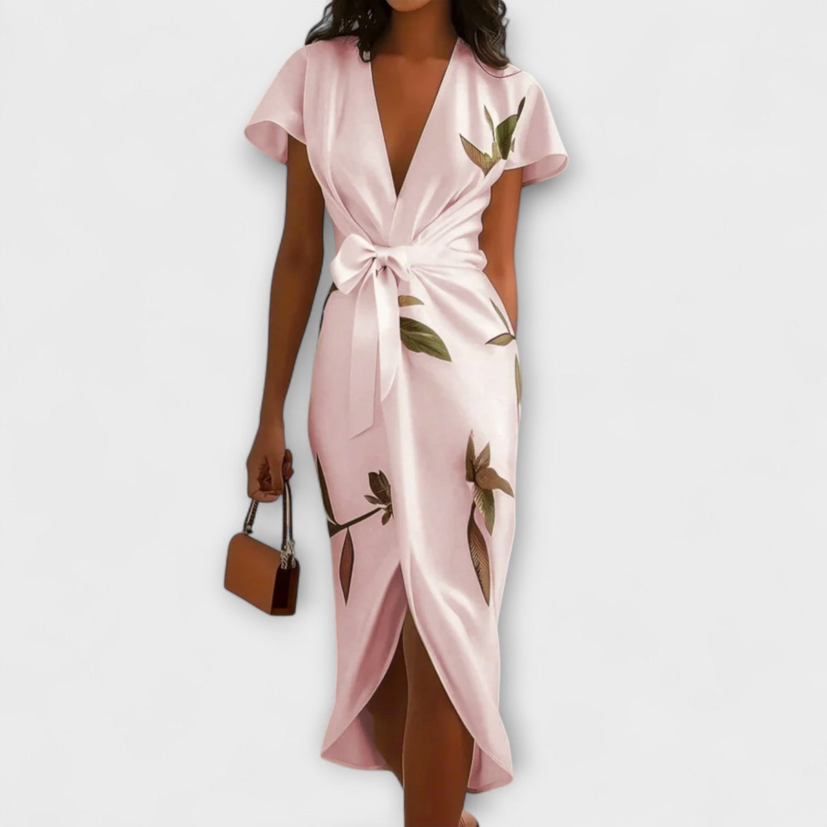 Robe Portefeuille en Satin Crème à Motif Floral