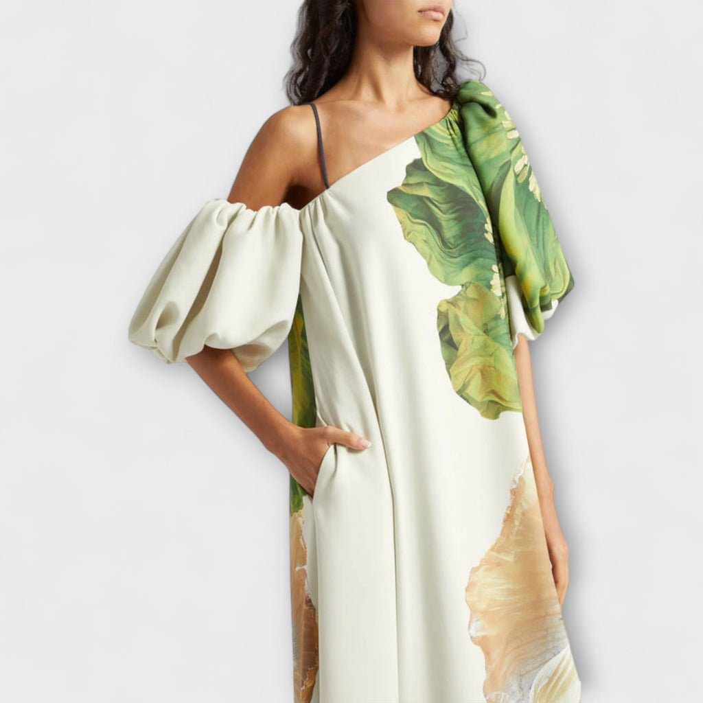 Melody - Robe Longue Blanche Épaules Dénudées à Motif Floral