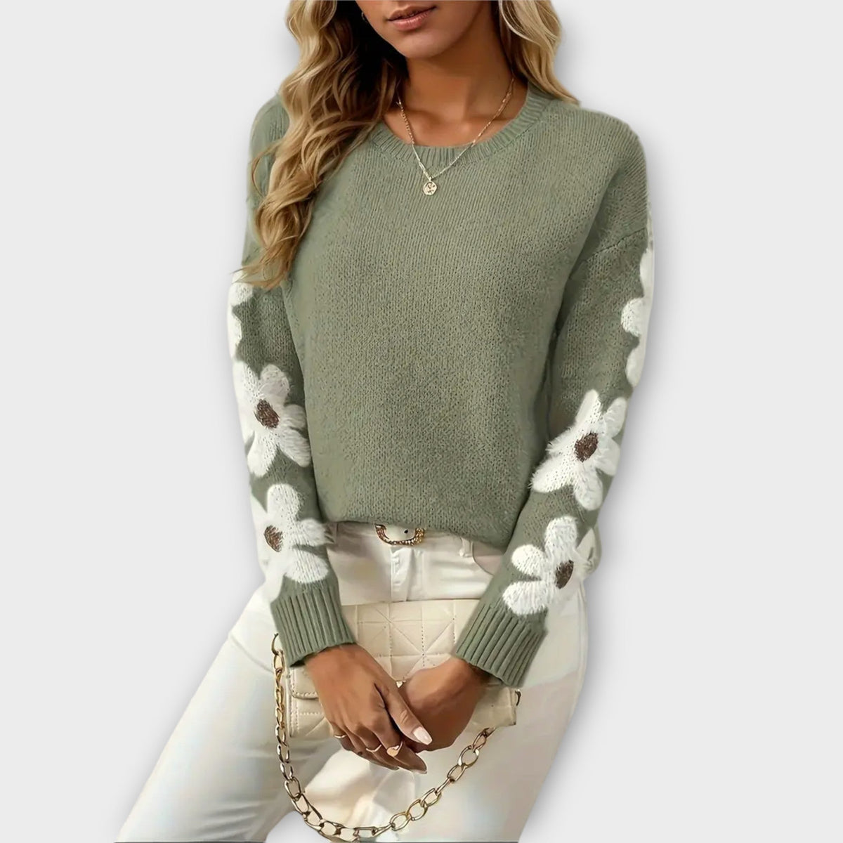Silke - Pull Doux Vert Olive à Motif Floral