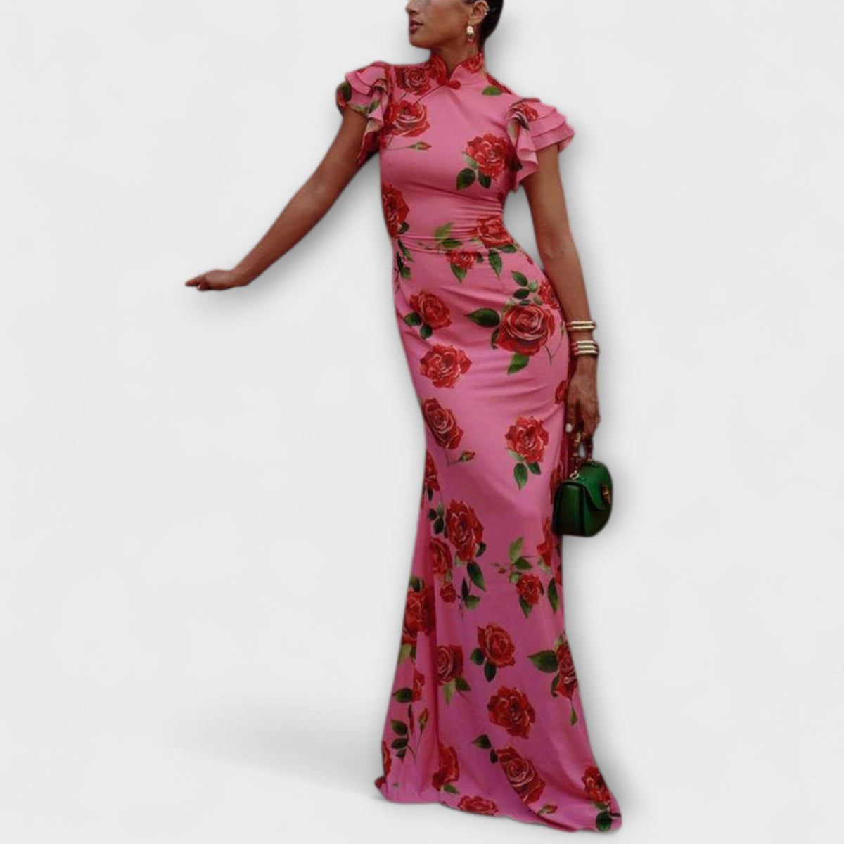 Luna - Robe Longue Rose à Motif Roses