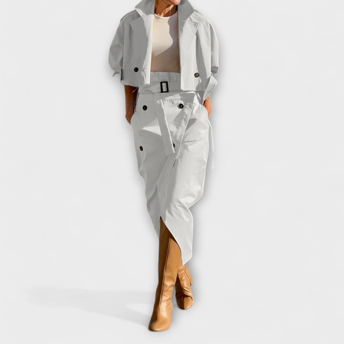 Lyra - Ensemble Beige avec Blazer et Jupe Midi