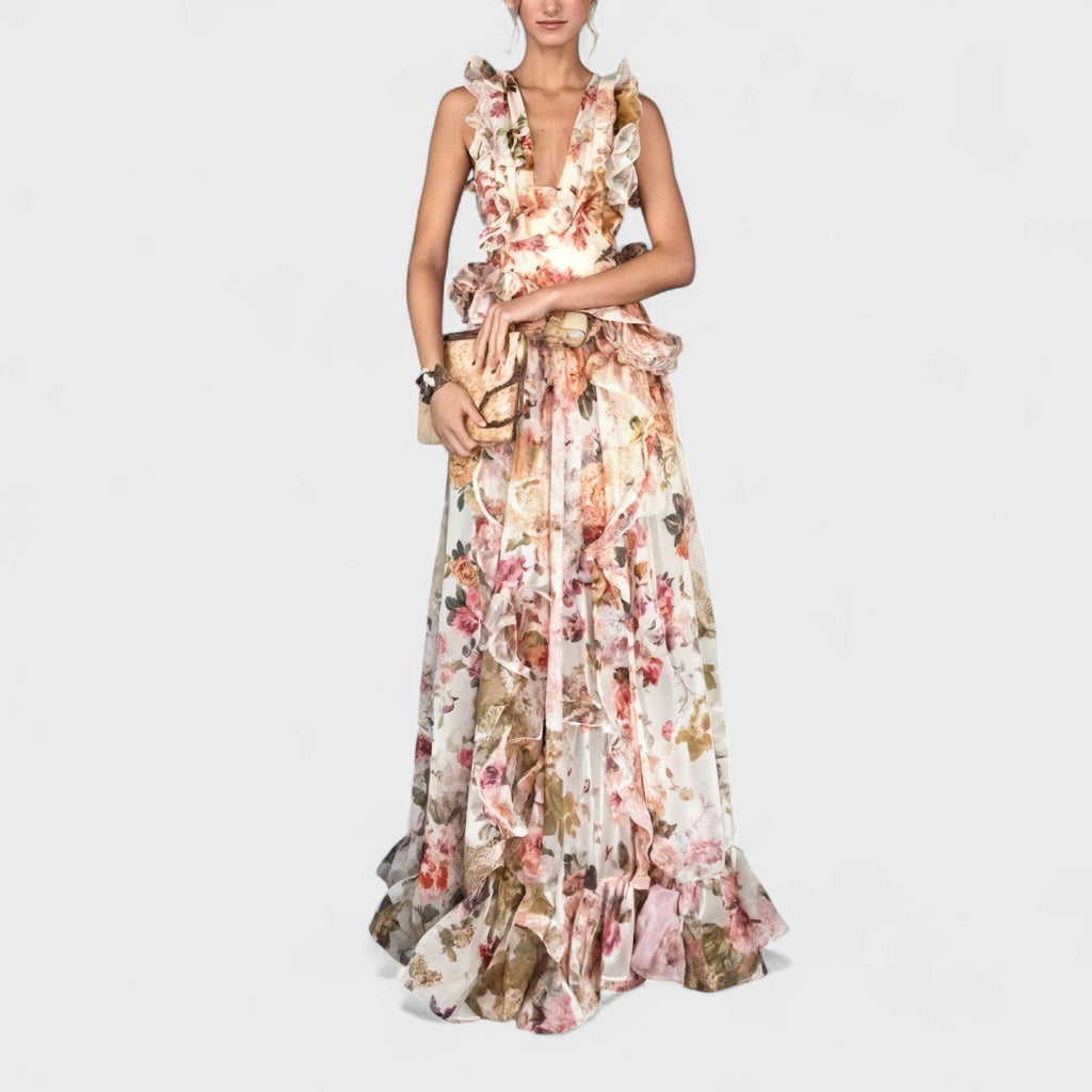 Isabela - Robe Longue à Volants et Motif Floral