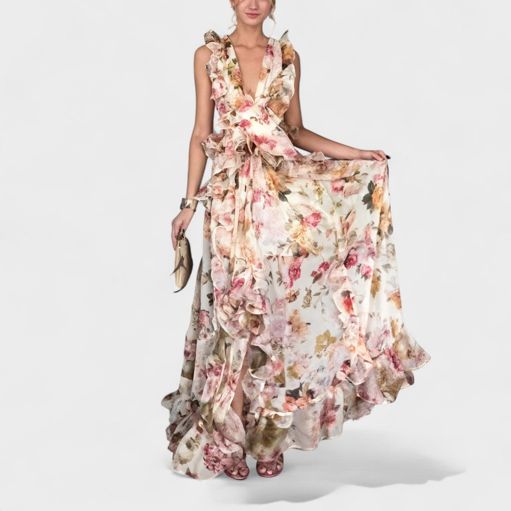 Isabela - Robe Longue à Volants et Motif Floral