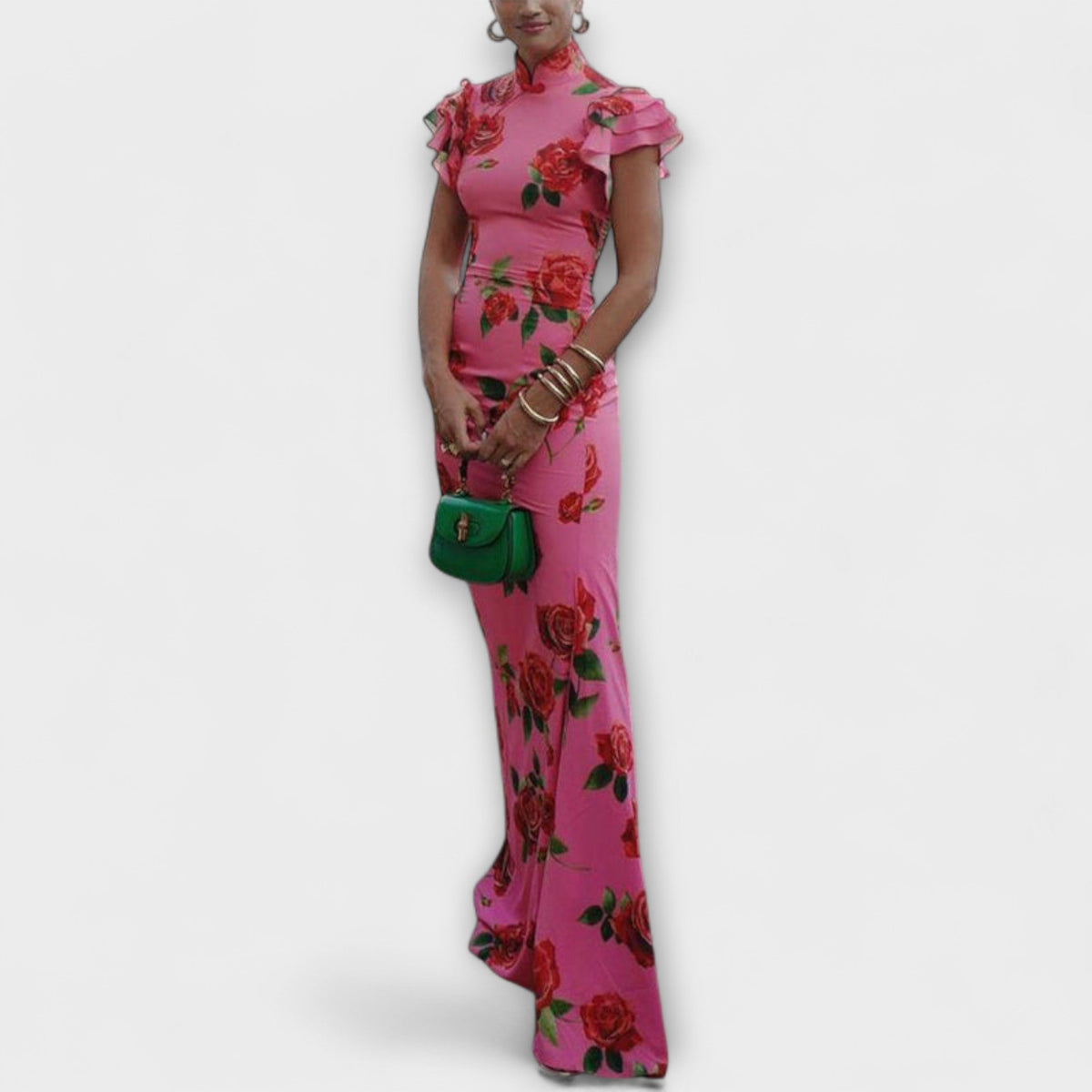 Luna - Robe Longue Rose à Motif Roses