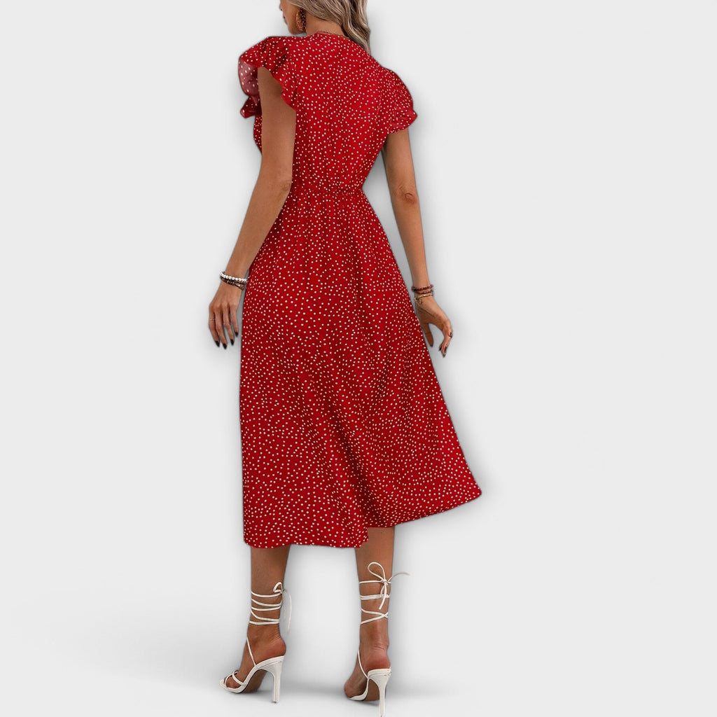 Robe Midi Chic Rouge à Pois et Boutons