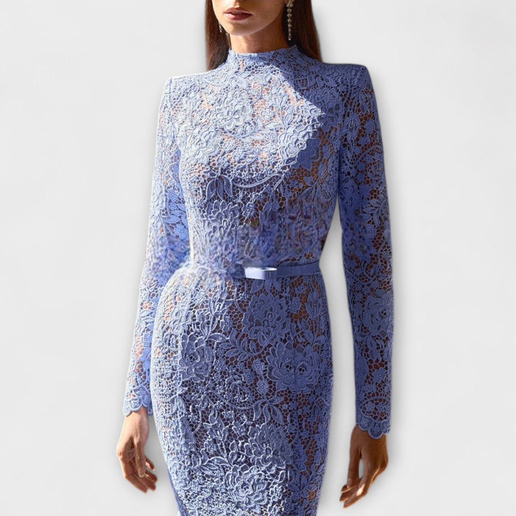Freya - Robe Midi Bleu Clair en Dentelle Fleurie
