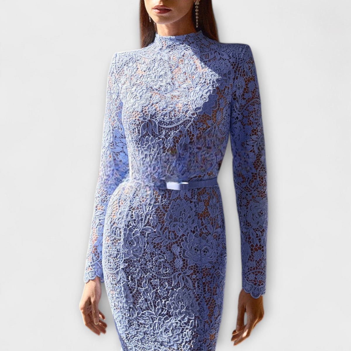 Freya - Robe Midi Bleu Clair en Dentelle Fleurie