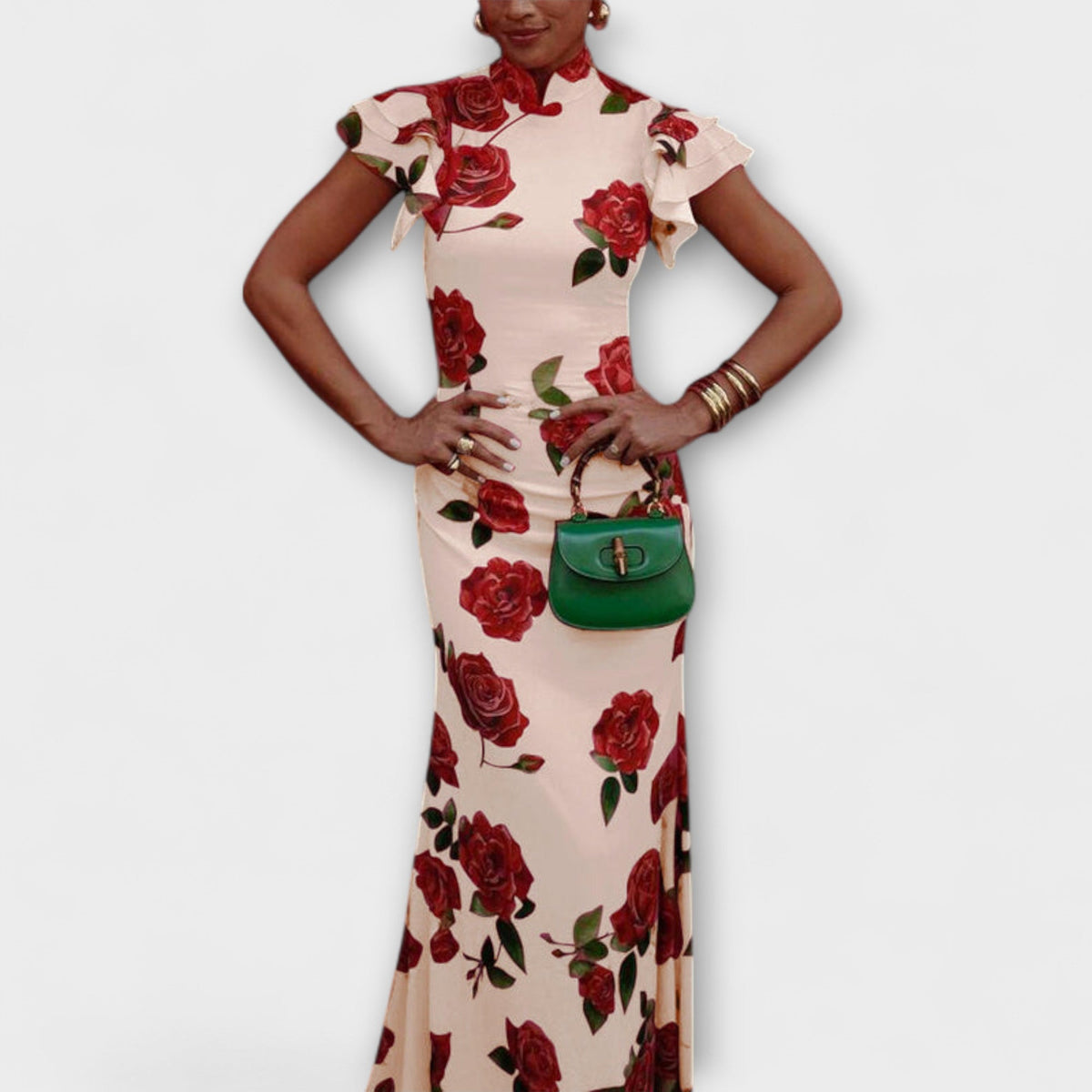 Luna - Robe Longue Rose à Motif Roses