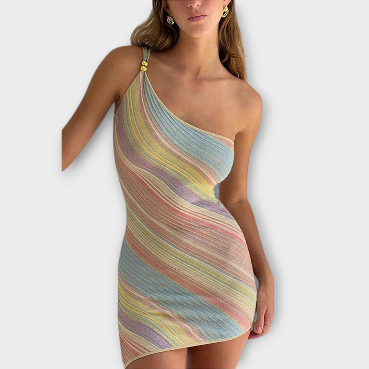 Kira - Robe Tricotée Bleue Une Épaule à Rayures