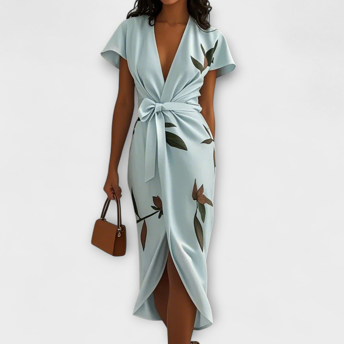Robe Portefeuille en Satin Crème à Motif Floral