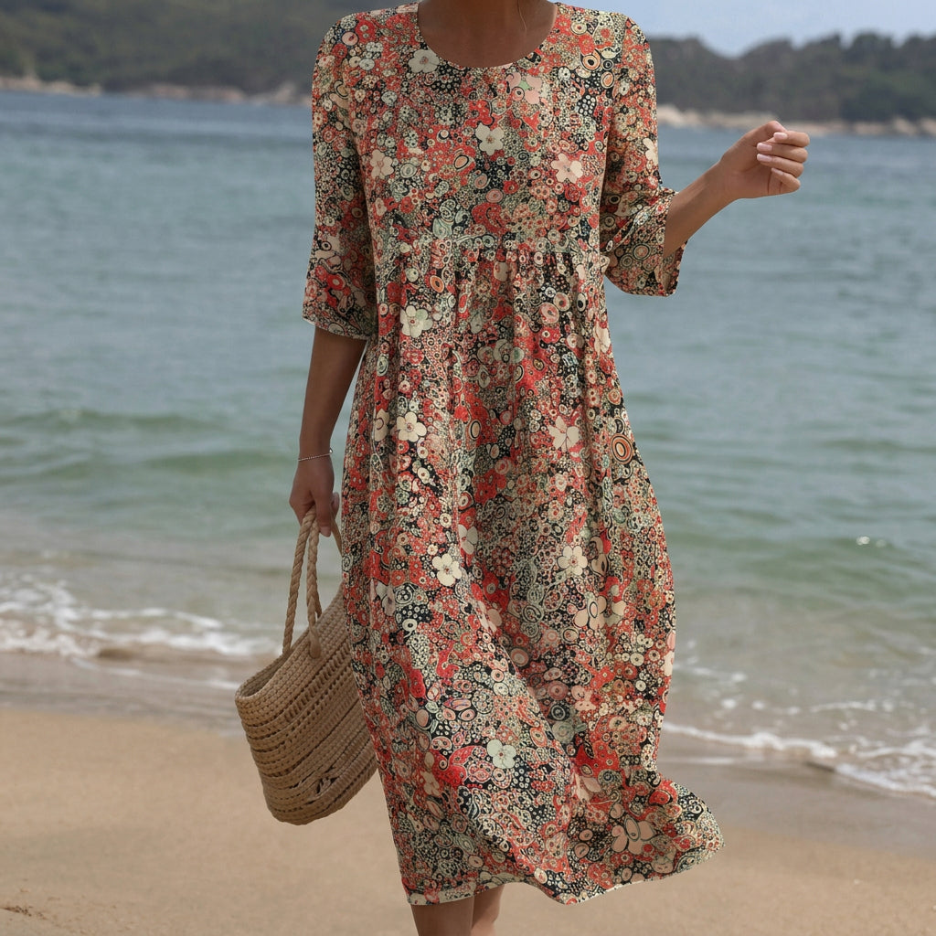 Sara - Robe Longue Crème à Petites Fleurs Éparses