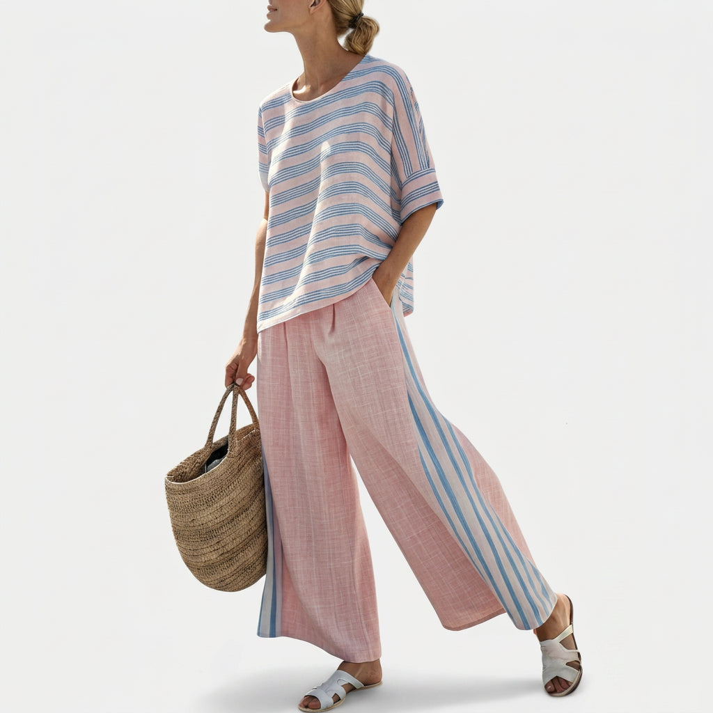 Cecília - Ensemble Rose en Lin de Bambou à Rayures