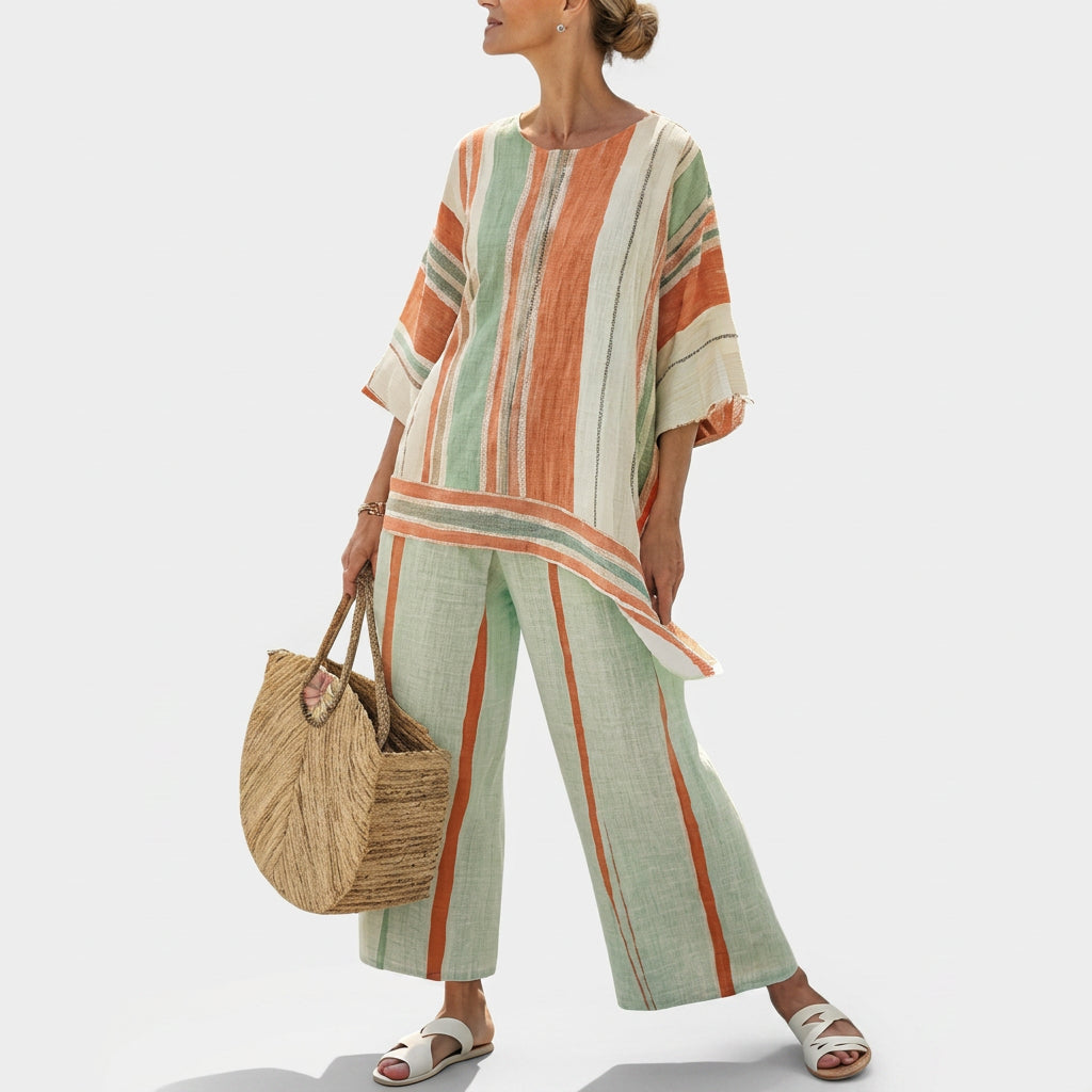 Dalila - Ensemble en Lin Crème à Rayures Orange