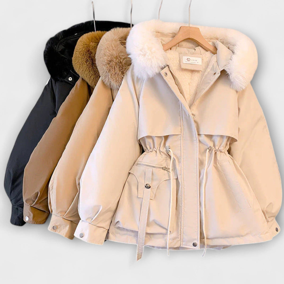 Bela - Doudoune Élégante Beige à Col Fourrure