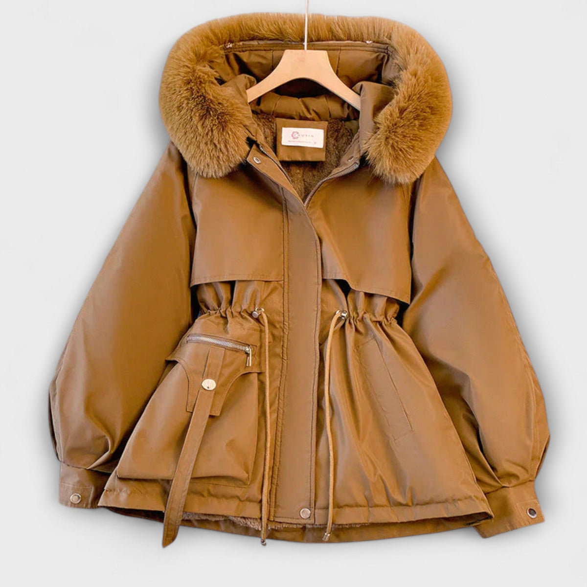 Bela - Doudoune Élégante Beige à Col Fourrure