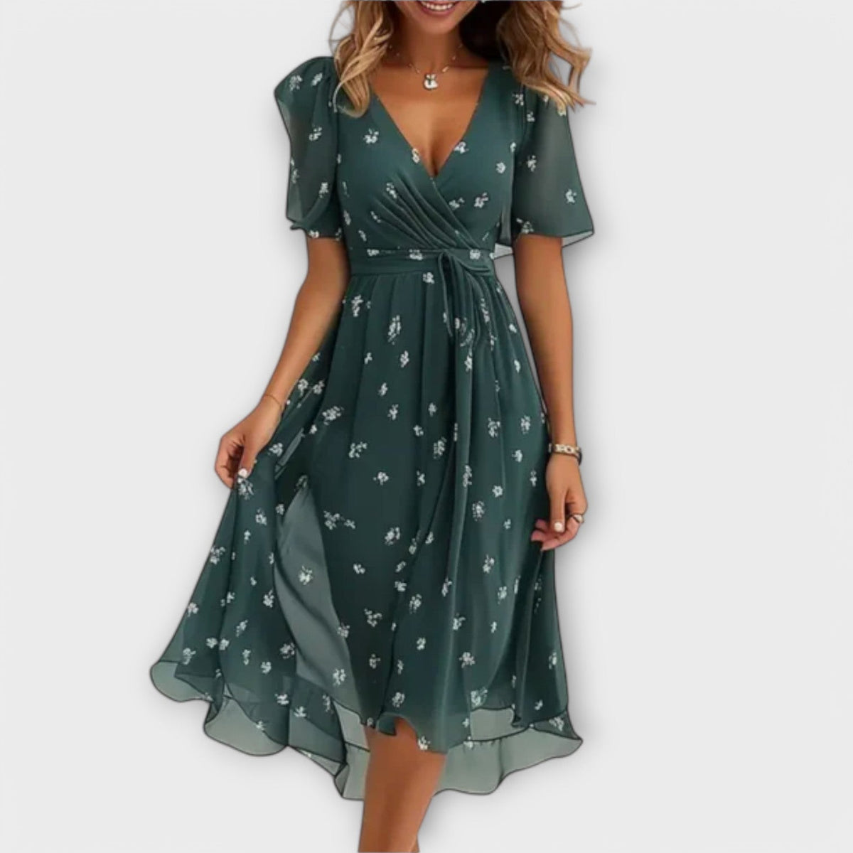 Annegret - Robe Verte à Col V et Pois
