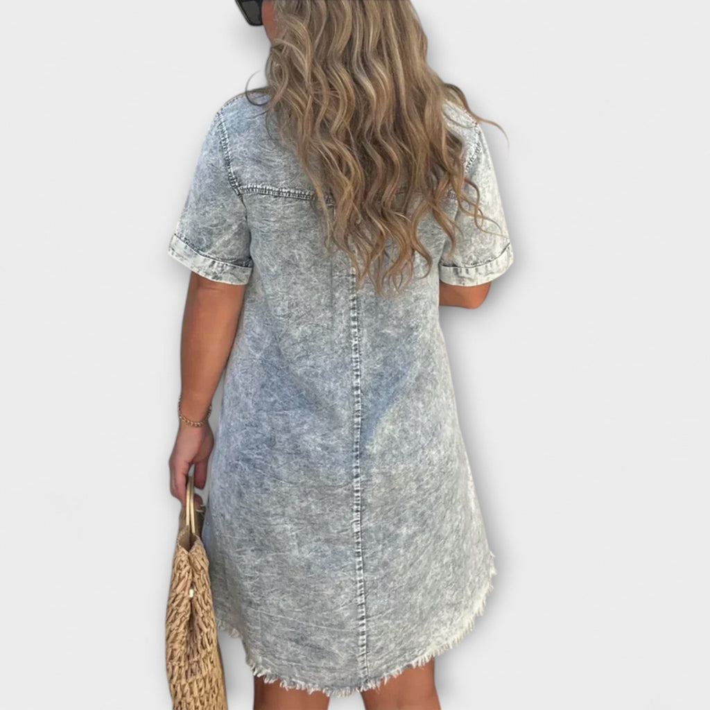 Vera - Robe Chemise en Denim Bleu Clair à Dentelle