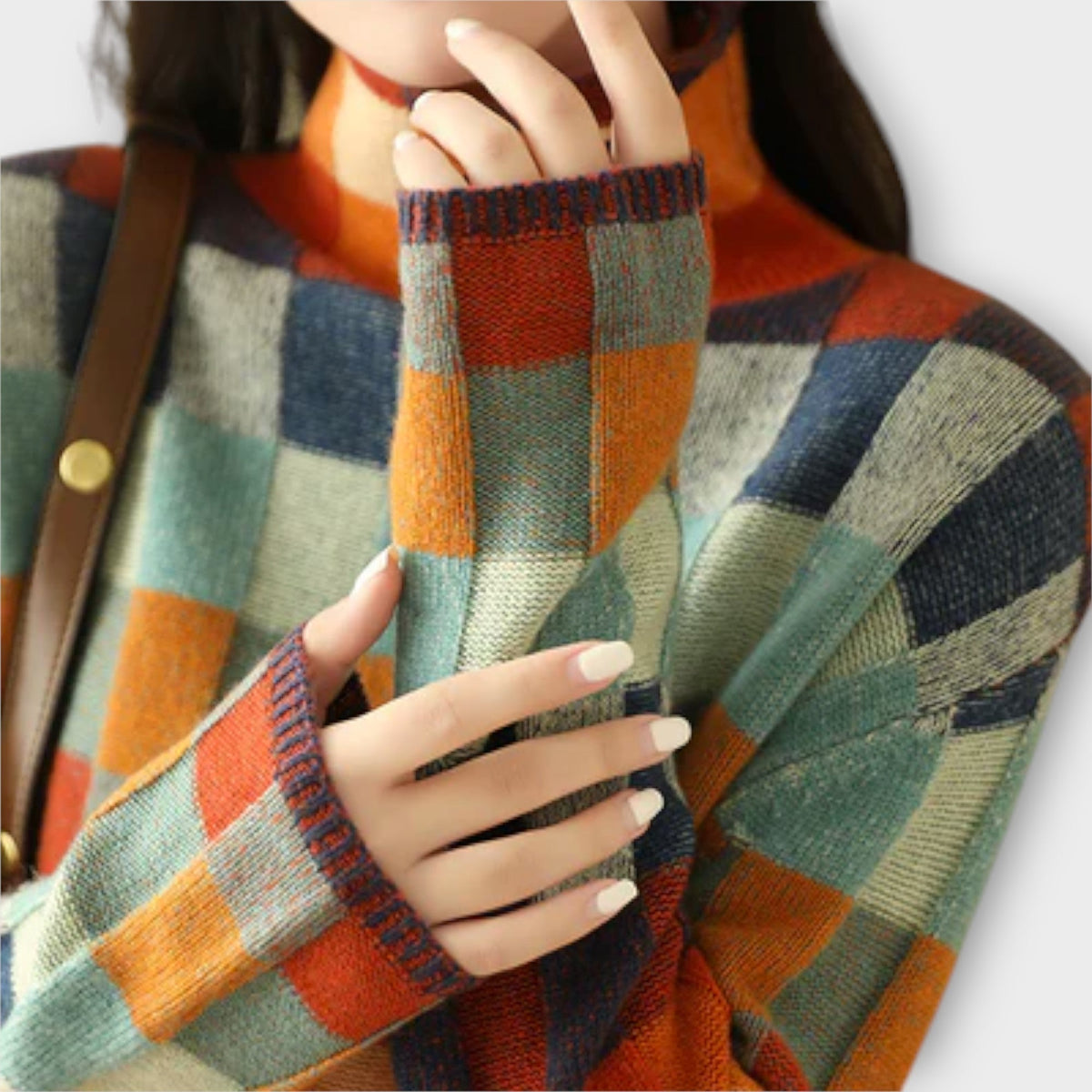 Erika - Pull Col Roulé Patchwork Coloré à Carreaux