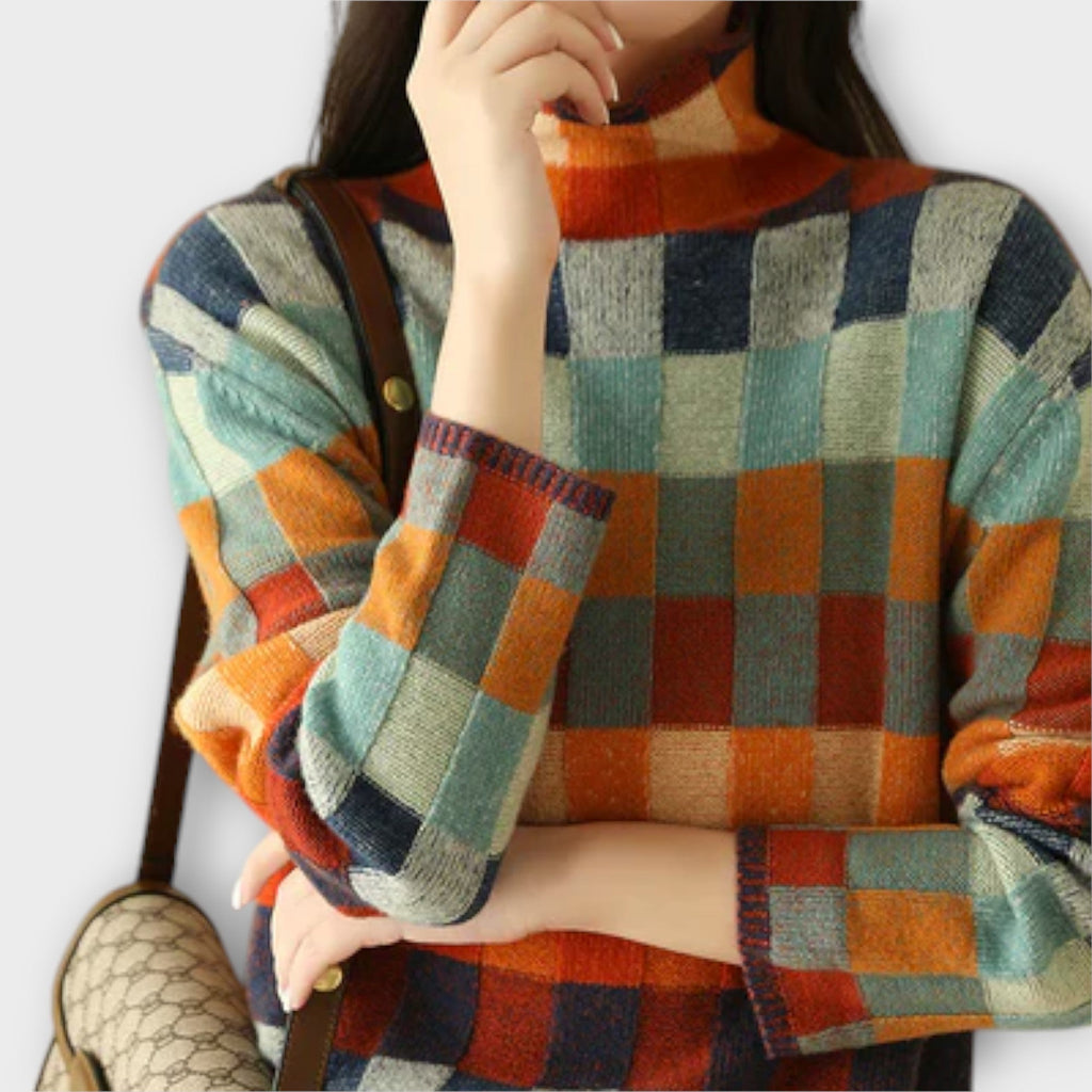 Erika - Pull Col Roulé Patchwork Coloré à Carreaux