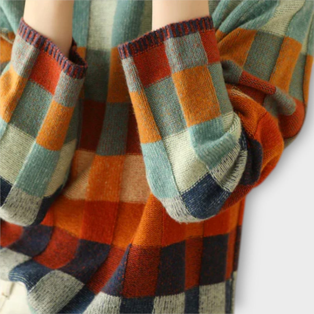 Erika - Pull Col Roulé Patchwork Coloré à Carreaux