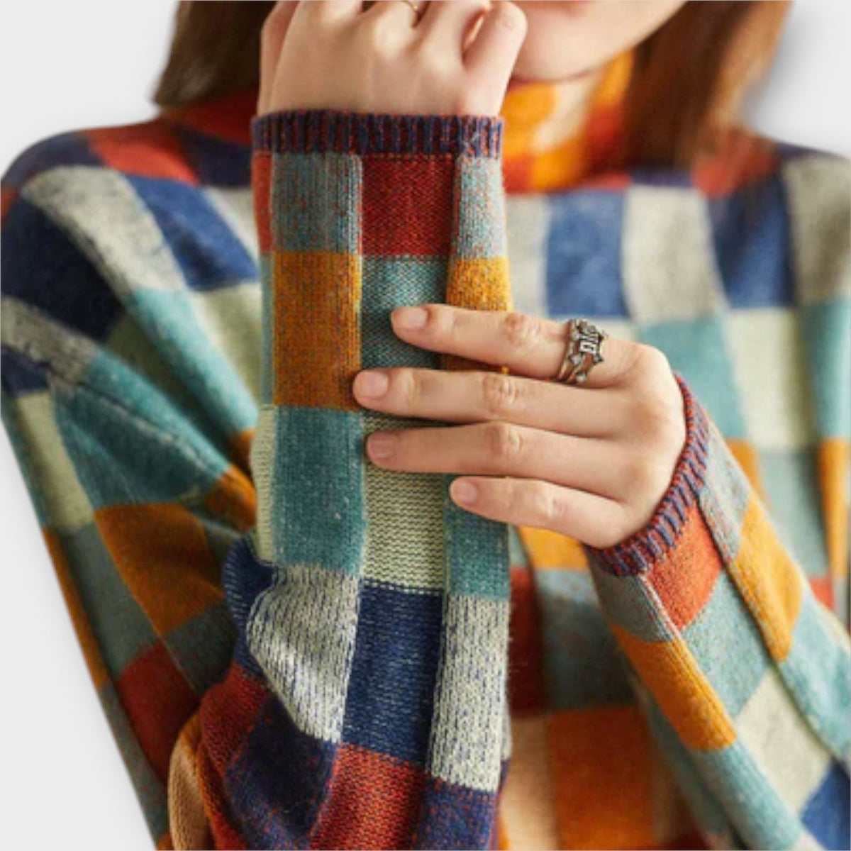 Erika - Pull Col Roulé Patchwork Coloré à Carreaux